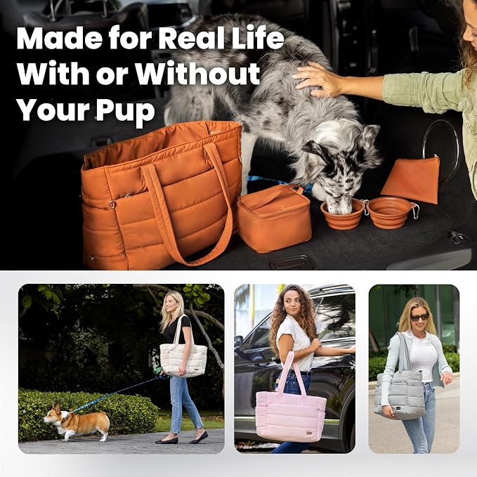 Puffer Dog Travel Bag for Dog Moms, Diaper Bag with Travel Bowls | 2 BPA-Free Collapsible Bowls, 2 Pet Food Containers, 9 Pockets, Everyday Puffer Bag Works With or Without Your Dog, Beige