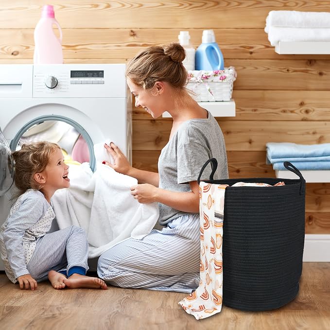 XUANGUO Black Cotton Rope Laundry Basket Hamper for Clothes Large | Baby Nursery Hamper Bin and Woven Storage Basket for Living Room Bedroom Boho Tall Rope Baskets Blankets Toys Pillows Towels