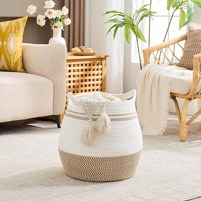 KAKAMAY Large Cotton Rope Woven Basket for Storage (17"x17"), Collapsible Laundry Hamper for Baby, Blanket Basket for Organizing Living Room, Nursery, Clothes, Toy Chest, Brown Stripes