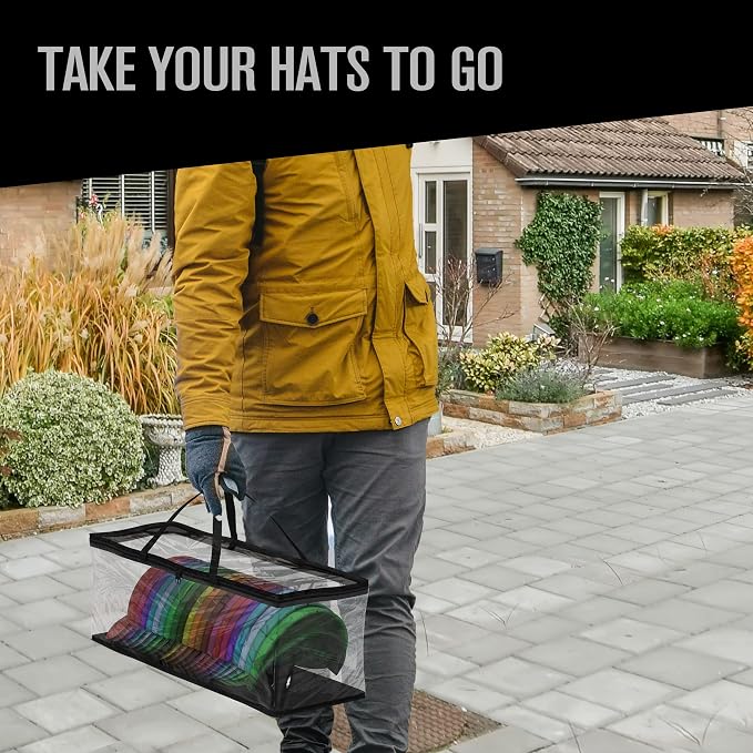 Baseball Cap Storage Bag, Hat Organizer Case, Black Handles, 23" x 6" x 8" | Houseables Cap Holder, Clear Plastic Tote, Moisture & Dust Proof, w/Zipper Closure, Holds up to 22 Hats, Dirt Protection