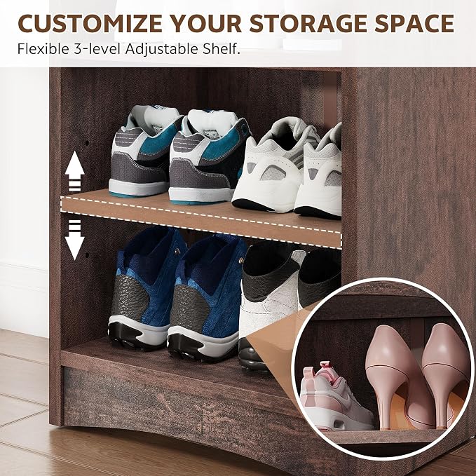 67.6” Tall Shoe Cabinet 8-Tier with Adjustable Shelves, Espresso | Freestanding Shoes Organizer Cabinet for Entryway, Hallway, Living Room