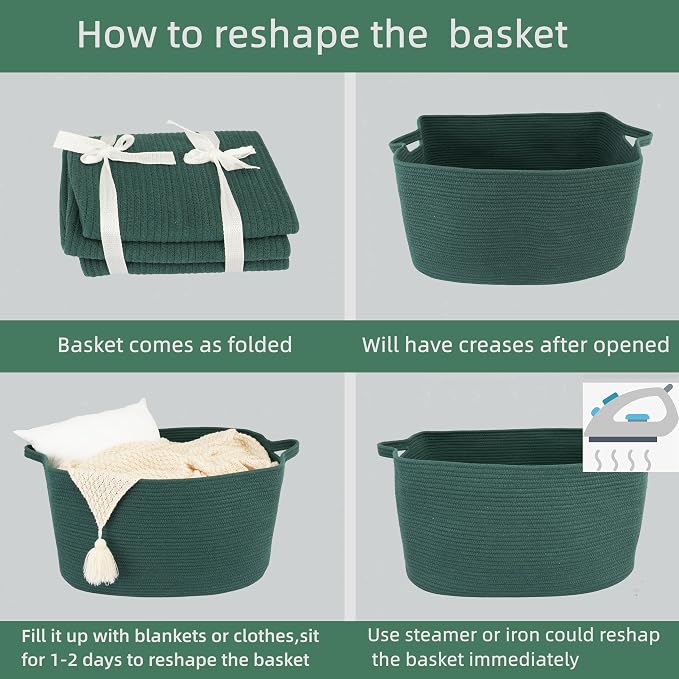 XUANGUO Large Woven Cotton Rope Blanket Basket 22"x17"x12" Dark Green | Storage basket for nursery and living room; toy basket for kids, dog toy storage, or laundry basket for clothes and towels.