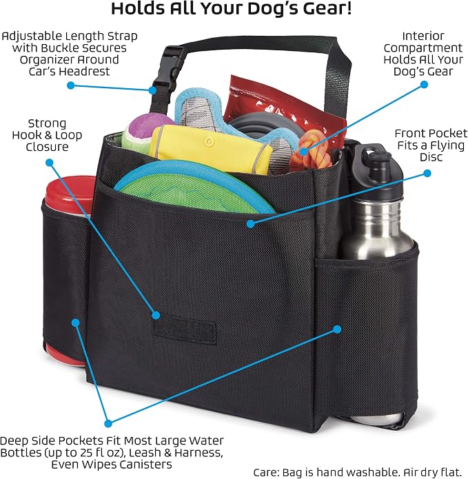 Mobile Dog Gear, Car Seat Back Organizer Travel Bag, Includes Built-in Waste Bag Dispenser and 1 Bag Roll, Black, Meets Airline Requirements