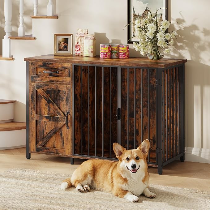 Spacesea 30" Dog Crate Furniture with Storage Drawers and Cabinet, Wooden Farmhouse Dog Kennel Indoor with 900 lbs Capacity Steel Frame, Built-in Power Outlets