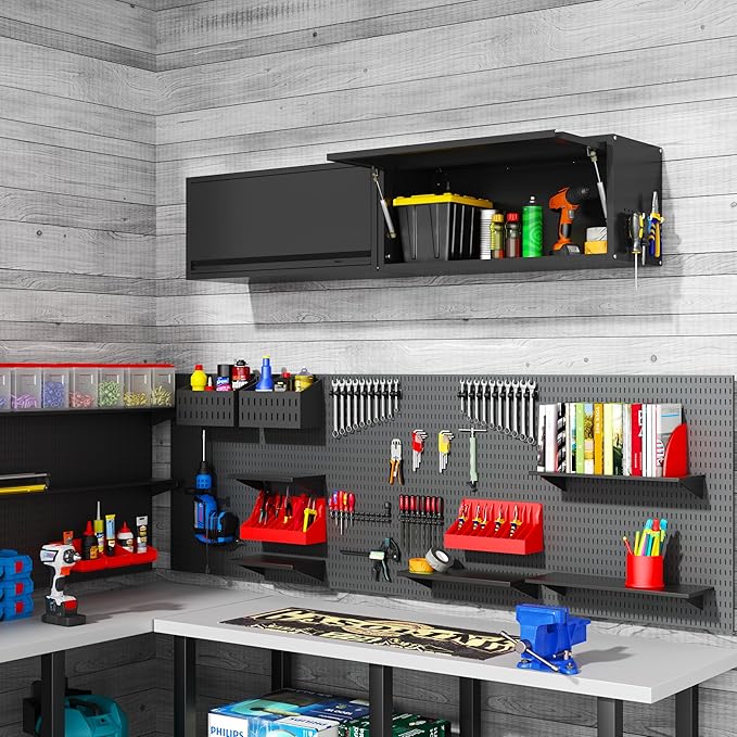 Garage Wall Cabinet, 13.8" H Metal Wall Cabinet with Up-Flip Door | Wall Mounted Metal Storage Cabinet, Upper Cabinet for Kitchen,Garage,Workshop,Warehouse, Assembly Required, Black