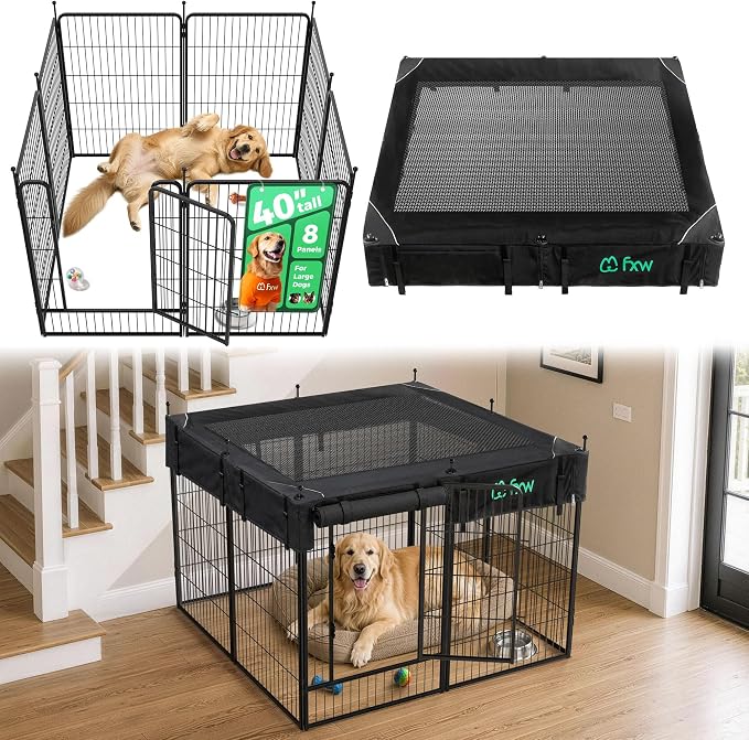 FXW Rollick Dog Playpen with Mesh Top Cover, 40"H, 8 Panels | Heavy-Duty & Easy setup Play Area, Helps Deter Jump-Outs, Indoor Use, For Medium & Large Dogs, Patented