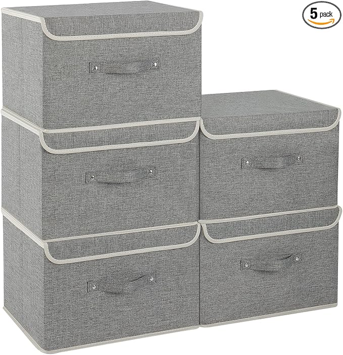 Foldable Fabric Storage Cubes with Lids,Grey 15x9.8x9.8in,5 Pack | Storage Bins with Handles,PP Panel Closet Organizers,Washable Boxes,Collapsible Fabric Container for Underwear and Socks
