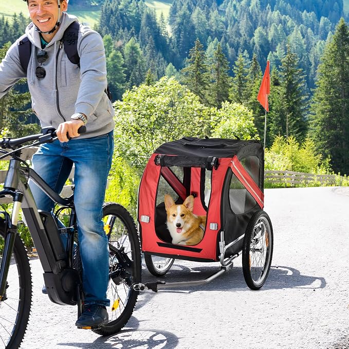 Aosom Dog Bike Trailer Easy Folding Cart Frame 20" Wheels | Pet Wagon Bicycle Trailer, Large Rubber Wheels, 3 Entrances, Mesh Screen, Off-Road and Travel