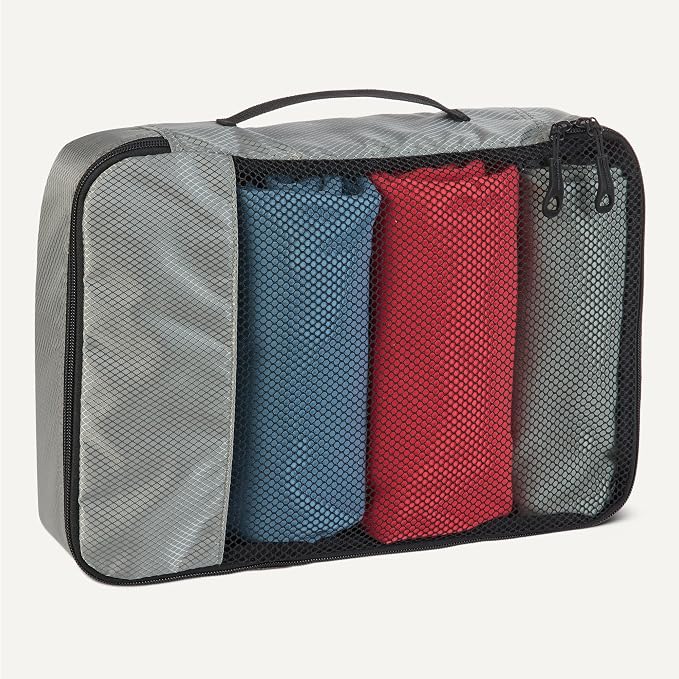 Amazon Essentials 4-Piece Packing Cubes Travel Accessories Set, Space-Saving Luggage Organizer with Double Zipper, Mesh Top Panel, Small/Medium/Large/Slim, Gray (Previously Amazon Basics)