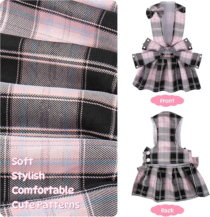 Coppthinktu Plaid Dog Dresses for Small Dogs Girl Bowknot Harness Leash Set