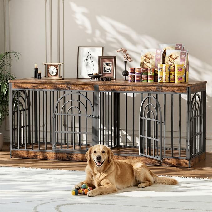EasyCom 72" Wooden Double Dog Crate Furniture for 1-2 Dogs | Removable Divider, Retro Round Door, Fits Medium & Large Dogs, End Table TV Stand