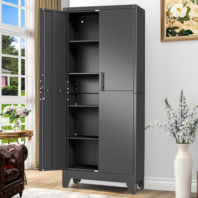GAIOUS Tall Metal Storage Cabinet with Lock, 2 Doors Freestanding Steel Bookcase with Adjustable Shelves, Heavy Duty Lockable Office Filing Cabinet, Home Garage Utility Pantry Organizer Cabinet, Black