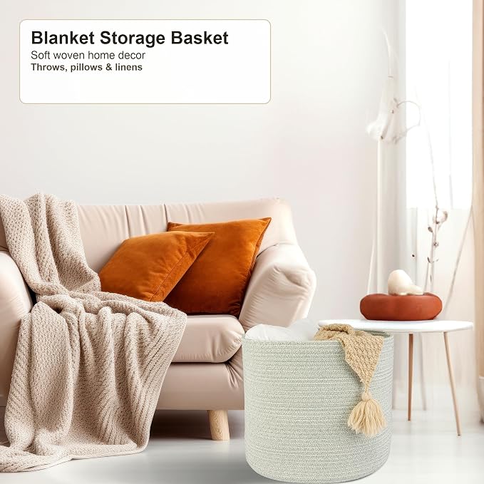 XUANGUO Cotton Rope Baskets For Girls Boys Kids 16”X14” Light Green | Baby Laundry Baskets, Blanket Basket, Nursery Bin; Round Woven Basket Organizer for Toy Storage, Blankets, Shoes and Clothes