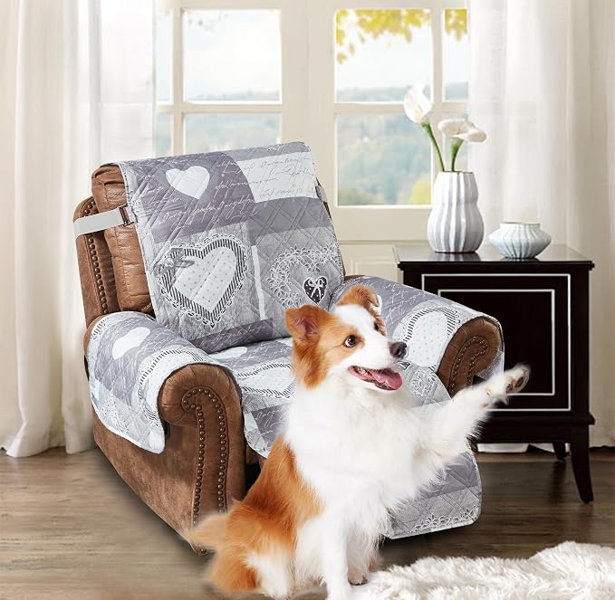 Brilliant Sunshine Grey Heart Love Patchwork Couch Recliner Cover, 28" seat | Quilted Sofa Cover, Living Room & Bedroom Furniture Protector, Large Washable Reclining Chair Slipcover for Pets, Dogs & Cats