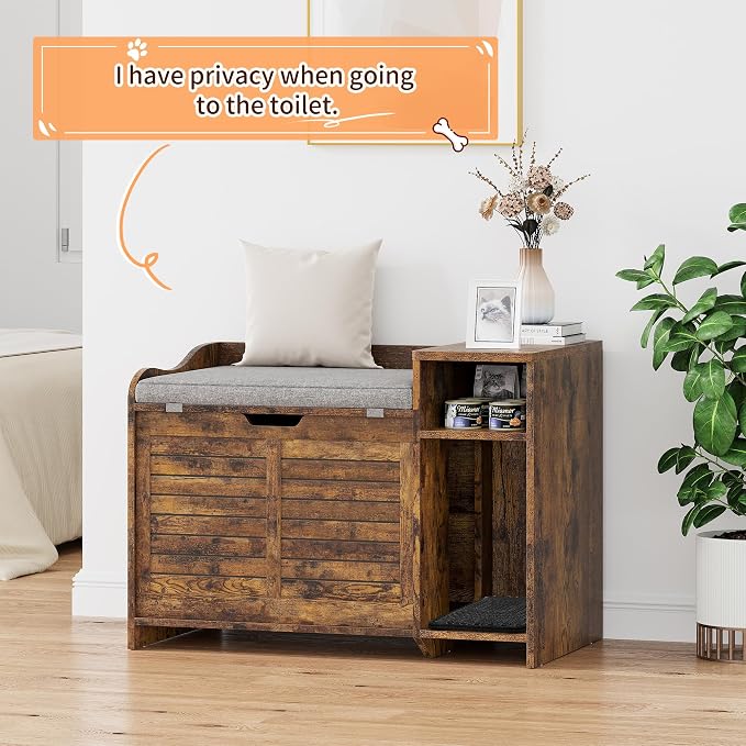 Cat Litter Box Enclosures Large Hidden Cat Litter Box Furniture Enclosure w/Top Opening Door, Wooden End Table Pet House w/Storage Shelf, Cushion & Mat, Dog Proof Design for Easy Cleaning