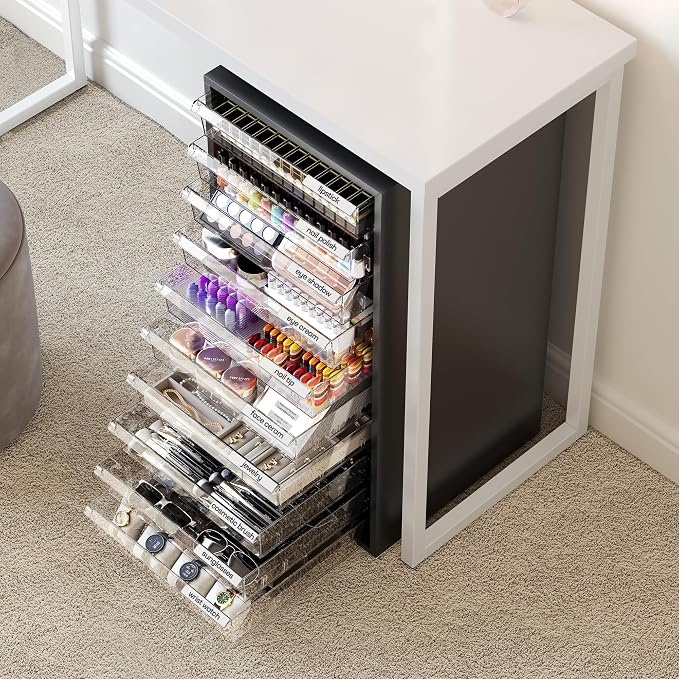 Storage Drawer Cart, Mobile Storage Cabinet, Makeup Storage with 10 Large Clear Drawers, Utility Wooden Rolling Cart on Wheels, for Cosmetic, Art Craft, Office Supplies, Toy, Black