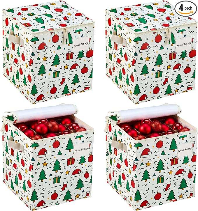 VENO 4 Pack Christmas Ornament Storage Box, Holiday Ornament Organizer with Adjustable Dividers, Sturdy Storage Containers for 64 Ornaments, Zippered Lid & Handles, 3" Cube (Jingle Mix)