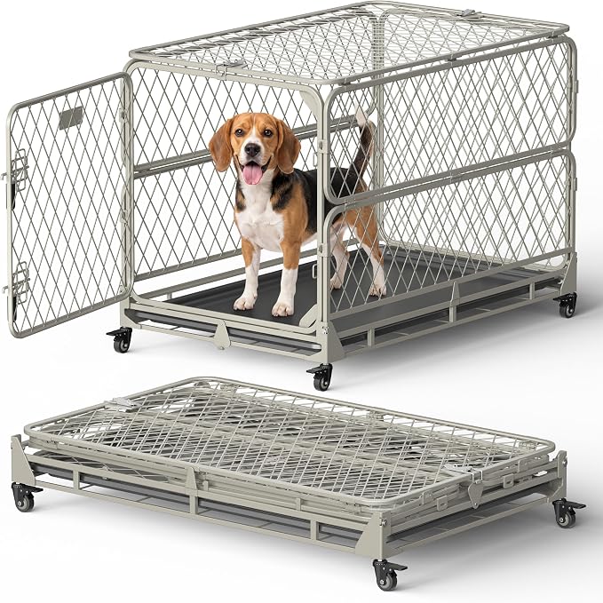 36 Inch Collapsible Dog Crate for Medium Dogs, Foldable Metal Dog Kennel with Reinforced Diamond Wire Mesh, Escape Proof Foldable Dog Cage, Leak-Proof Removable Tray, Double Secure Door Latch