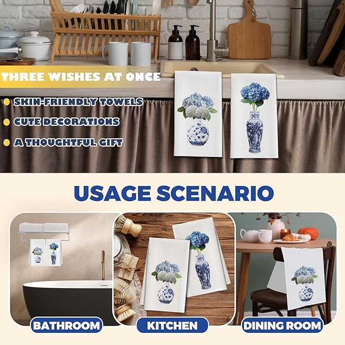Kitchen Towels Set of 2, Blue and White Porcelain Chinoiserie Dish Towel for Kitchen Bathroom, Hydrangea Decorative Hand Towels, Fast Drying Tea Towel, Housewarming Gifts for Women Mom -09