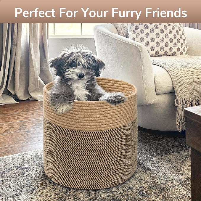 Goodpick Wicker Basket for Blankets Fit Nursery & Living Room, 45L | 15.8 x 15.8 x 13.8 In Storage Basket for Toys Shoes, Cute Baby Laundry Hamper for Towels, Clothes, Jute