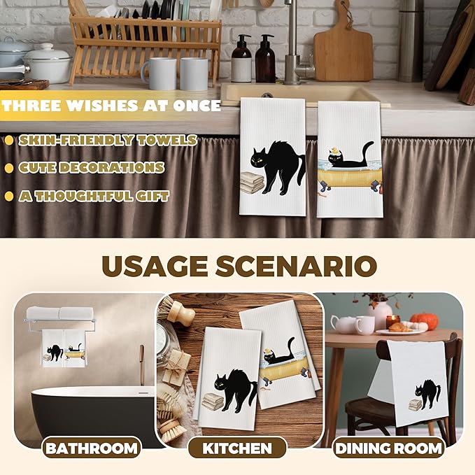 Bath Towels Set of 2, Cute Bathing Black Cat Dish Towel for Bathroom Spa Kitchen, Decorative Hand Towels, Fast Drying Tea Towel, Housewarming Xmas Gifts for Cat Lover Women Mom -B28