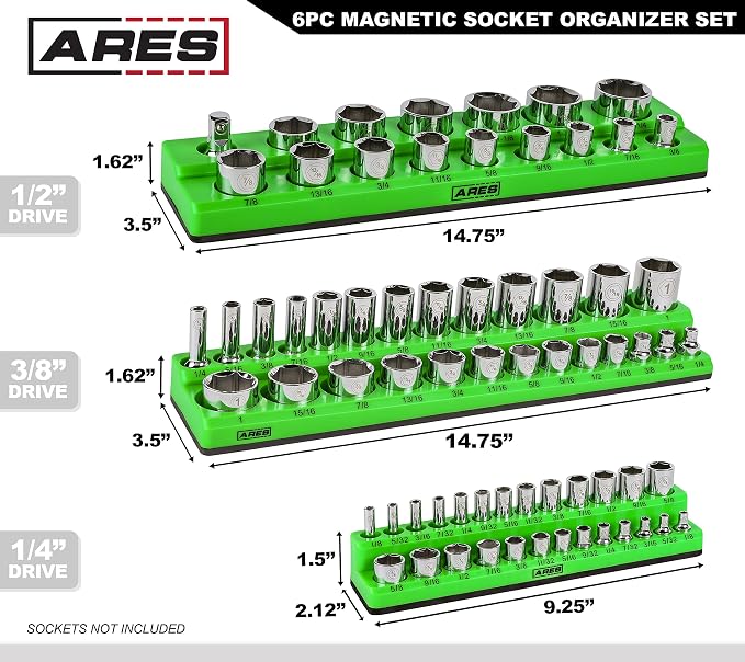 ARES 60160 6-Pc Black/Green Metric/SAE Magnetic Socket Organizer | Part No. 60160; Metric and SAE Set Black and Green -1/4 in, 3/8 in, 1/2 in Socket Holders -143