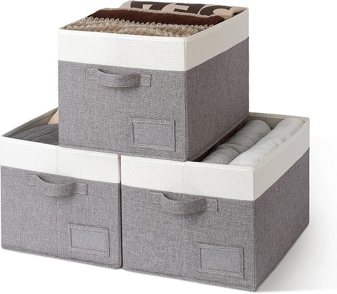 GRANNY SAYS Closet Storage Bins with Label, Gray&White, Large, 3-Pack | Storage Baskets for Organizing, Fabric Bins for Clothes, Closet Organizer Bins, Collapsible Cloth Bins