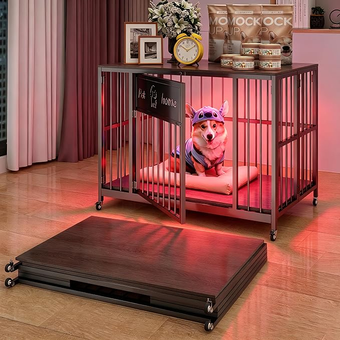 39" Foldable Dog Crate Furniture, Muyi Gray, Wooden End Table TV Stand | RGB Ceiling Lights, Silent Casters, For Small Medium Dogs, Multi-Purpose