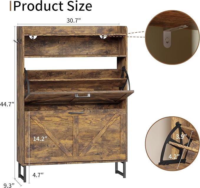 Xixini Shoe Storage Cabinet with 2 Flip Drawers, Entryway Shoe Rack, Brown | Freestanding Narrow Shoe Storage, Hidden Slim Wood Shoe Organizer, Modern Farmhouse, Open Storage & Hooks for Closet, Hallway