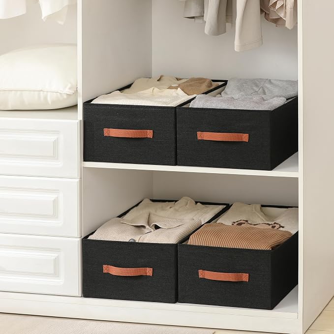 linen closet organizers and storage, 3 Pack Large Storage Baskets, Washable, Clothing Storage Bins with Handle, Closet Organizer for Storage Sweater,Sheets (Black, 18½"x13½x8½)