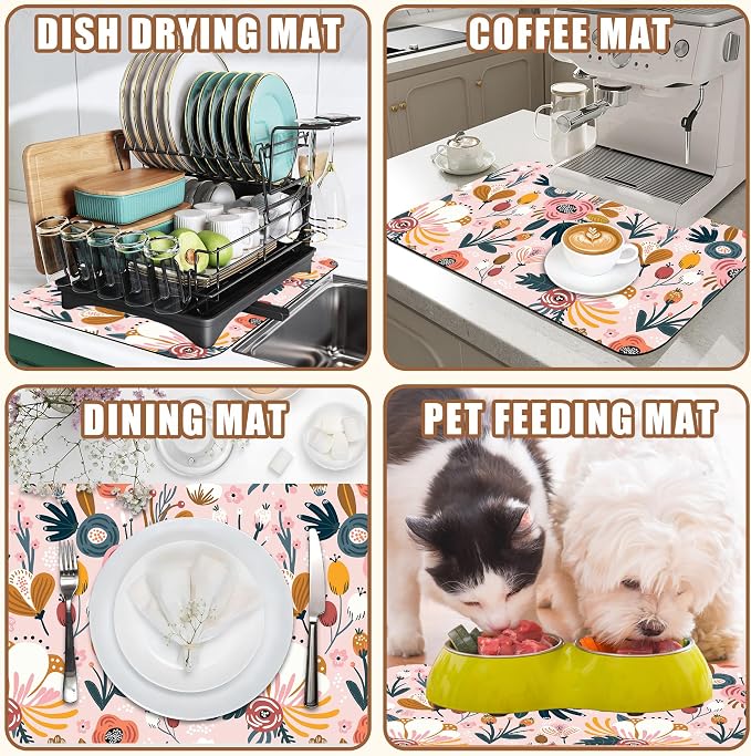 Dish Drying Mat Pink Flowers Berries Leaves Coffee Bar Mat for Countertop Absorbent Hide Stain Rubber Backed Dish Drainer Rack Pad Espresso Machine Dining Room Decor 11.8 x 19.7 Inch