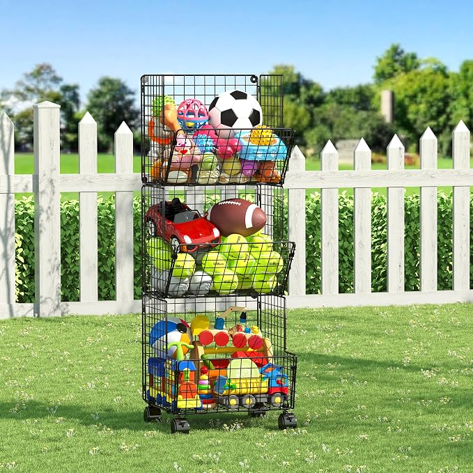 Sonyabecca 3 Tier Rolling Toy Organizer Cart with Wheels for Toy Storage | Outdoor toy storage basket and play kitchen organizer. Multi-purpose cart for snacks, books, pet supplies and home storage