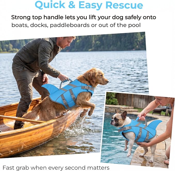 Dogcheer Dog Life Jacket Shark, Dog Life Vest with Rescue Handle - Blue,L | Adjustable Dog Harness Swim Vest for Swimming Boating, Reflective Pet Floating Device PFD for Small Medium Large Dogs