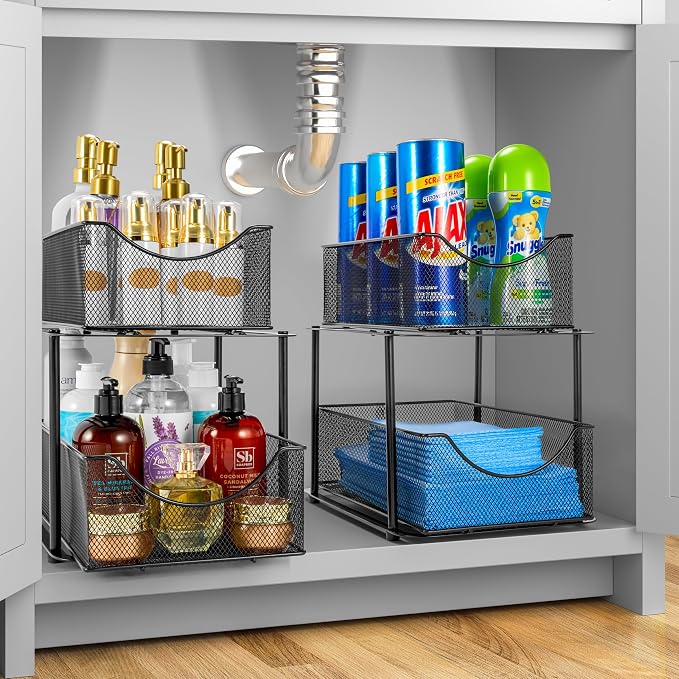 Sorbus Pull-Out Under Sink Organizer, Mesh Construction (Black, 2 Pack) | Two-tier metal organization with strong steel and sliding drawers for bathrooms, kitchens, cabinets, closets and pantries.