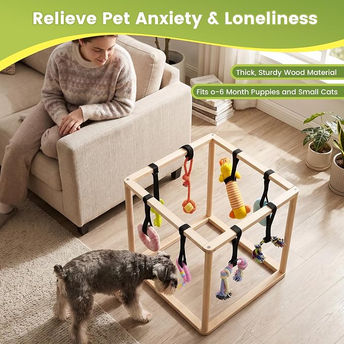 Puppy Play Gym for Small Dogs, Wooden Indoor Dog Playground with Hanging Toys, Interactive Puppy Gym & Jungle Gym for Enrichment, Agility Equipment (16.9 inch)