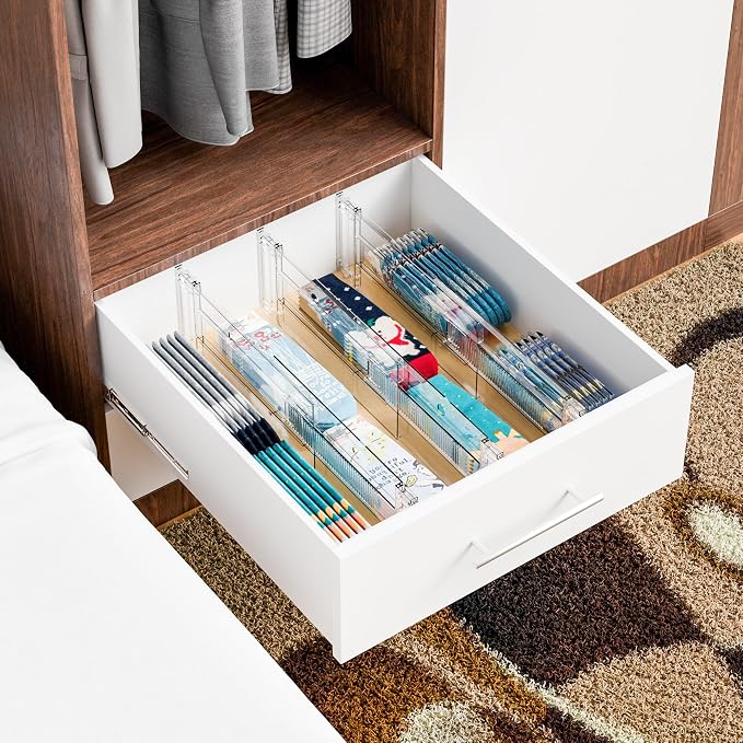 4 Pack Clear Acrylic Drawer Divider 6 Inch High,Expandable from 14-20'',Adjustable Dresser Drawer Dividers for Baby Clothing,Underwear and Sock,Separators,Deep Drawer Separators for Kitchen