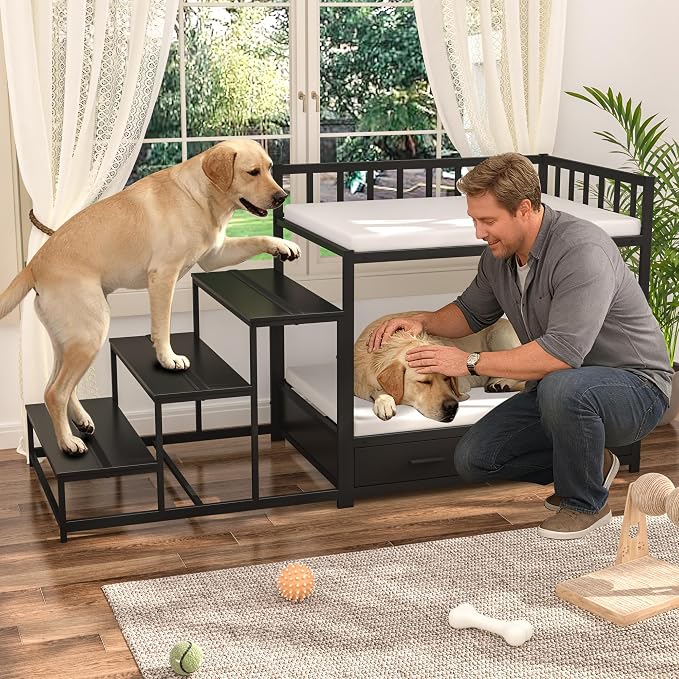 GDLF Dog Bunk Bed for Large Dogs with Stairs and Storage, Non-Slip Surfaces | Ideal for bedrooms, windows, and bedside lounging, with storage drawers and non-slip surfaces.
