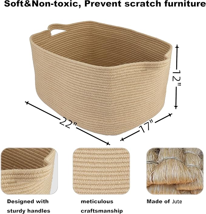 XUANGUO Large Rectangle Woven Jute Rope Storage Basket 22"x17"x12" | Storage basket for living room and nursery; blanket basket, dog toy storage, or laundry basket for clothes and towels.