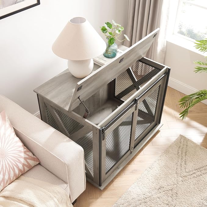 28" H Farmhouse Style Wooden Dog Crate with Sliding Barn Door - Functional End Table Dog Kennel for Small, Medium and Large Dogs, Featuring Flip-top Plate and Detachable Divider (Gray wash)