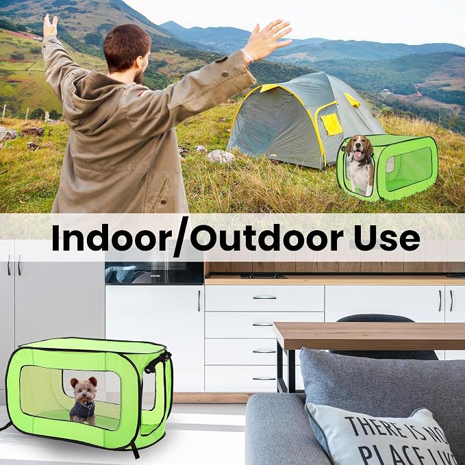Portable Collapsible Pop Up Kennel, 40" L x 27" W x 27" H, Green | Collapsible indoor/outdoor travel cat and dog crate with mesh screen windows pops up and folds flat for easy storage