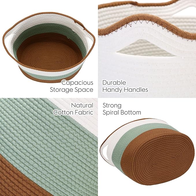 Sea Team Large Woven Cotton Rope Laundry Basket with Handles, 16 x 13 in | Collapsible Knitted Hamper, Closet Shelf Organizers, Containers for Clothing, Blankets, Toys, Bedding, Green & Brown