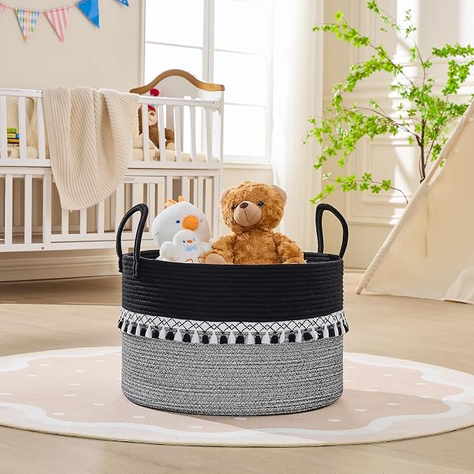 KAKAMAY Large Blanket Basket with Handles, Storage Basket for Living Room | Extra Large Capacity | Natural Cotton Rope | Blanket Storage | Woven Storage Basket | Stuffed Animal Storage | Laundry Basket