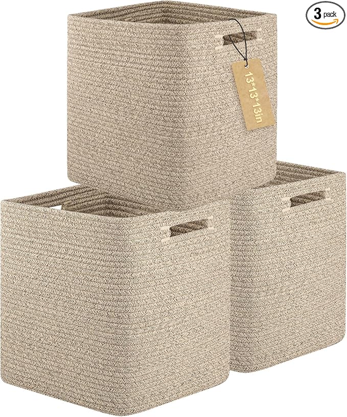 OIAHOMY 3 PACK Cube Storage Bin 13 Inch Collapsible Storage Cube Brown | Cube Storage Organizer Storage Bins for Shelves Baskets for Organizing Woven Rope Storage Baskets