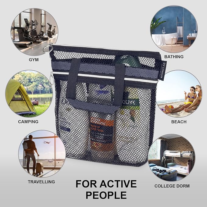 Mesh Shower Bag 10.2x9.9'' Quick-Dry Caddy with Zipper & 2 Pockets. Portable Toiletry Tote for Bathroom, Gym, Travel, Camp, Beach, for Sunscreen, Dorm & College Essentials (Black)