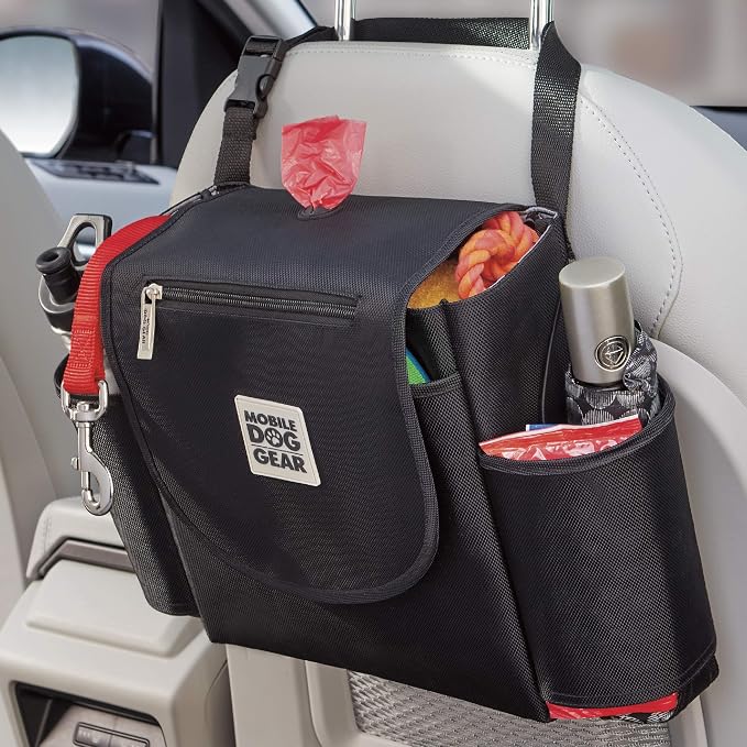 Mobile Dog Gear, Car Seat Back Organizer Travel Bag, Includes Built-in Waste Bag Dispenser and 1 Bag Roll, Black, Meets Airline Requirements