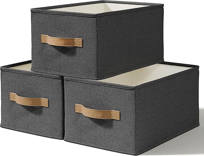 3-Pack Closet Storage Bins, Foldable Fabric Storage Baskets, Black | Thickened Rigid PP Panels, Cotton-linen Shelf Baskets, Measure 14.75"L x 10.25"W x 8.25"H for Clothes, Closets and Drawers
