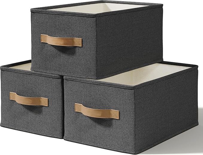 3-Pack Closet Storage Bins, Foldable Fabric Storage Baskets, Black | Thickened Rigid PP Panels, Cotton-linen Shelf Baskets, Measure 11.5"L x 8.75"W x 6.5"H for Clothes, Closets and Drawers