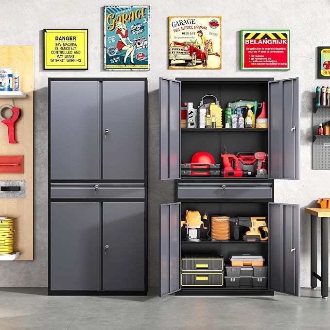 Metal Storage Cabinet with Doors and Shelves,Garage Storage Cabinets with Lock and Drawer,Metal Cabinet with Locking Doors,4 Door Steel Cabinet,71" Tall Lockable Cabinets for Garage,Home,Office