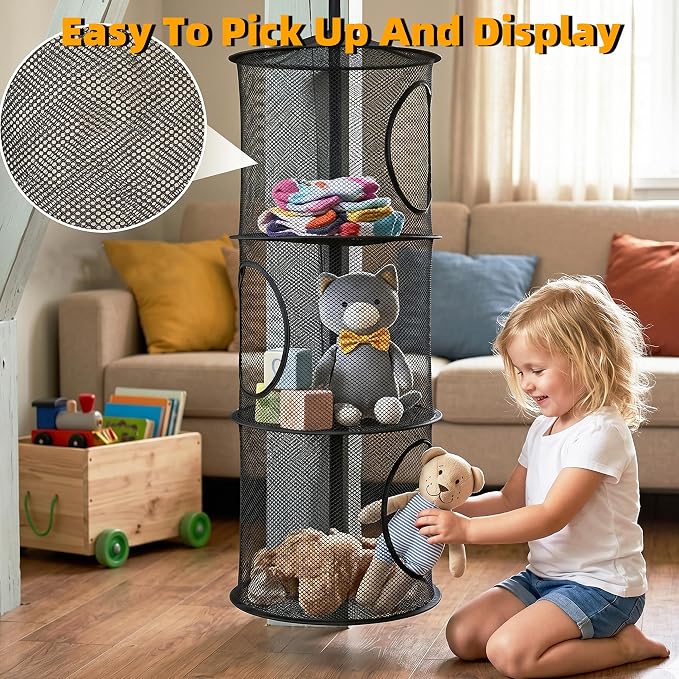 2Pcs Hanging Stuffed Animal Storage Hammock Net 3 Tiers, Black | Hanging Mesh Storage Organizer for Kids Room, Holds Plushies, Gloves, Hats, Socks, Foldable Space-saving Design