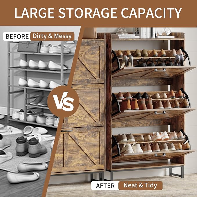 Xixini Shoe Storage Cabinet with 3 Flip Drawers, Entryway Shoe Rack, Brown | Freestanding Narrow Shoe Storage, Hidden Slim Wood Shoe Organizer, Modern Farmhouse, Open Storage & Hooks for Closet, Hallway